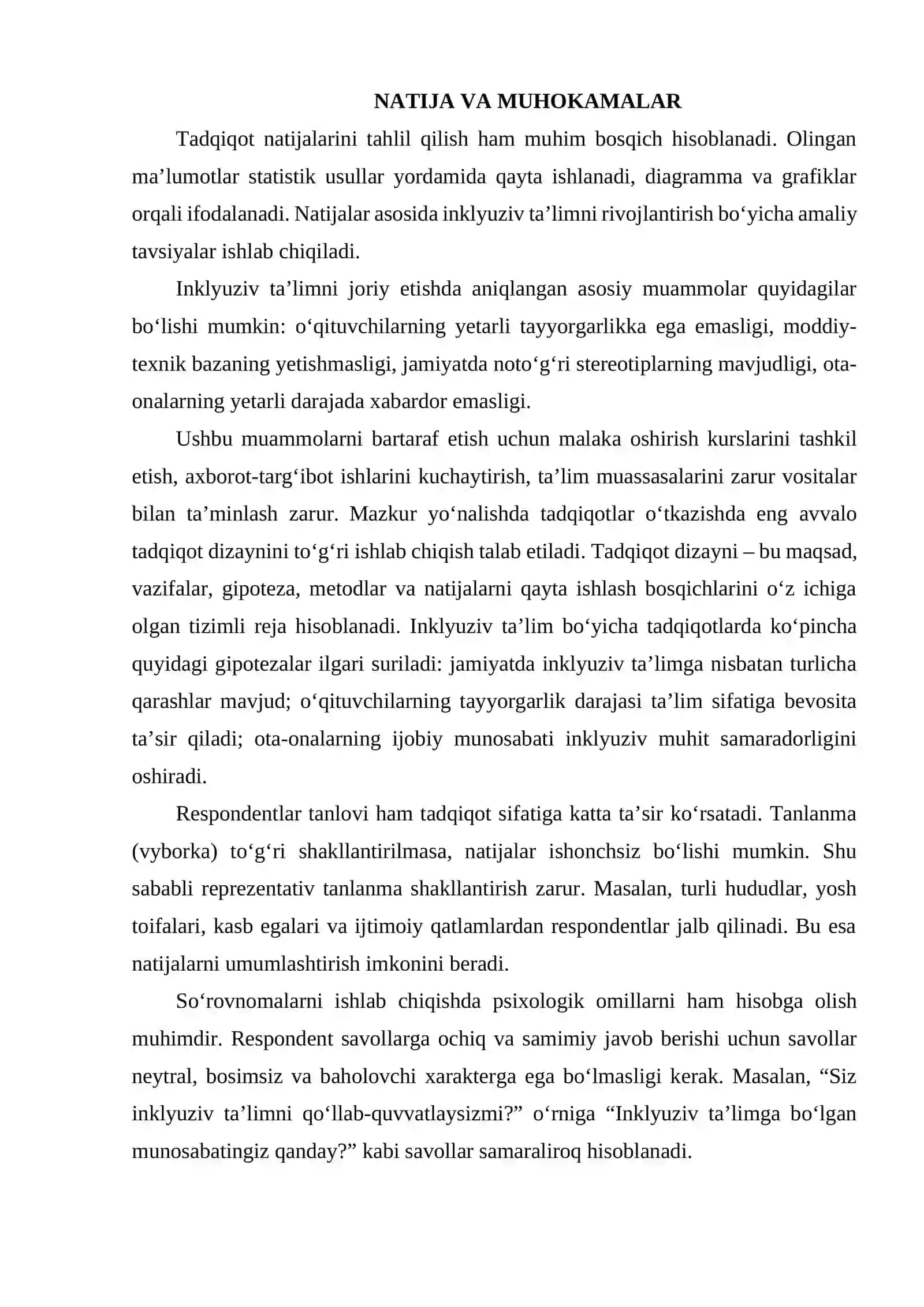 INKLYUZIV TA'LIM G'OYALARINI AMALIYOTGA TADBIQ ETISH BO'YICHA TURLI GURUHLARGA MANSUB RESPODENTLARNI FIKRLARINI ANIQLASHGA QARATILGAN SOTSIOLOGIK TADQIQOTLAR VA SO'ROVNOMALAR TAYYORLASH  VA ISHLAB CHIQISH 4