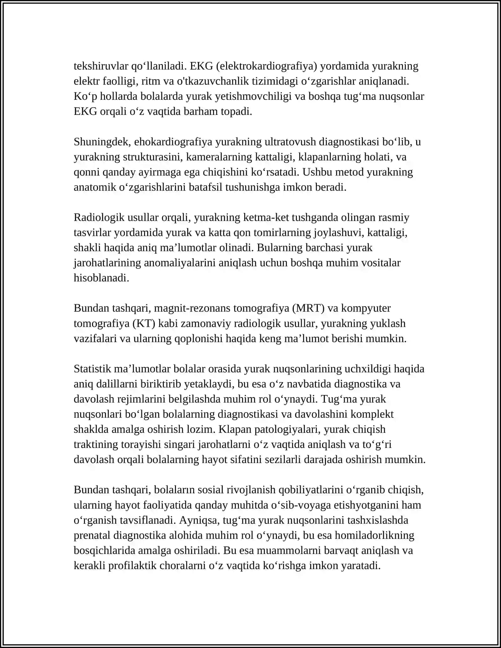 BOLALARDA YURAK-QON TOMIR TIZIMI JAROHATLANISH SEMIOTIKASI. BOLALARDA KOʻP UCHRAYDIGAN TUGʻMA YURAK NUQSONLARI SEMIOTIKASI 4