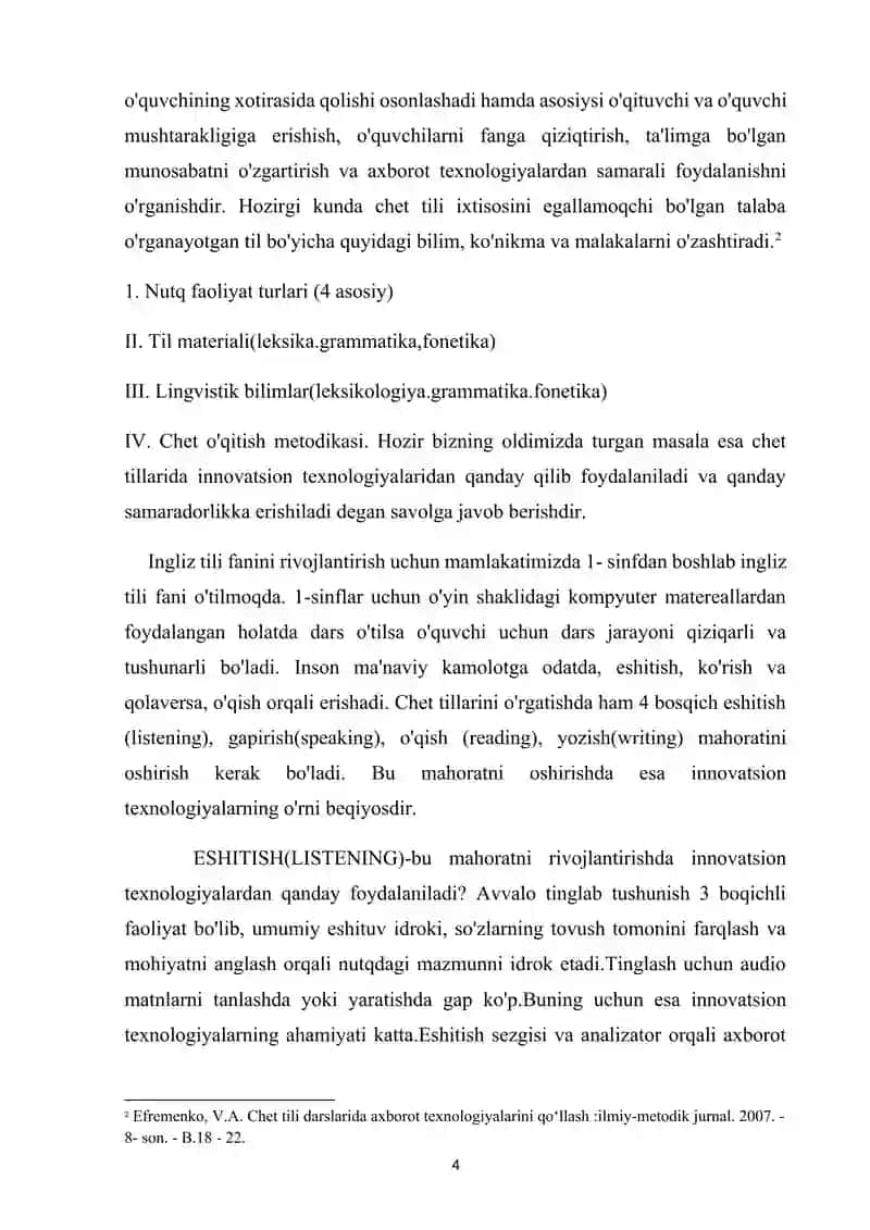 "CHET TILIDA GAPIRISHNI O'RGATISHDA AUDIO MATERIALLARDAN FOYDALANISH" 4