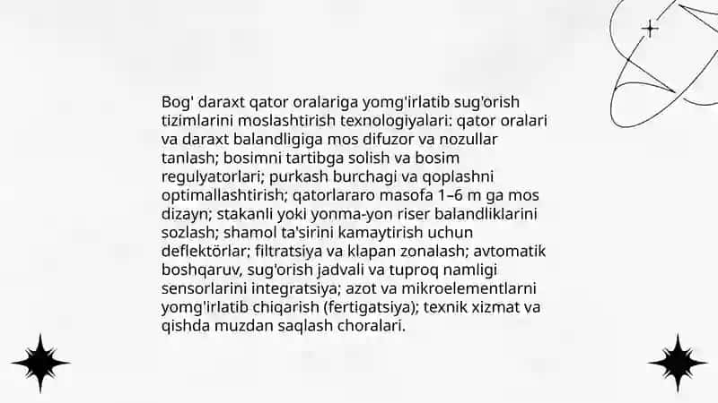 Ekinlarni yomg'irlatib tomchilatib sug'orish tizimlarini bog' daraxt qator oralariga qo'llash va ularning tuzilishini o'rganish 4