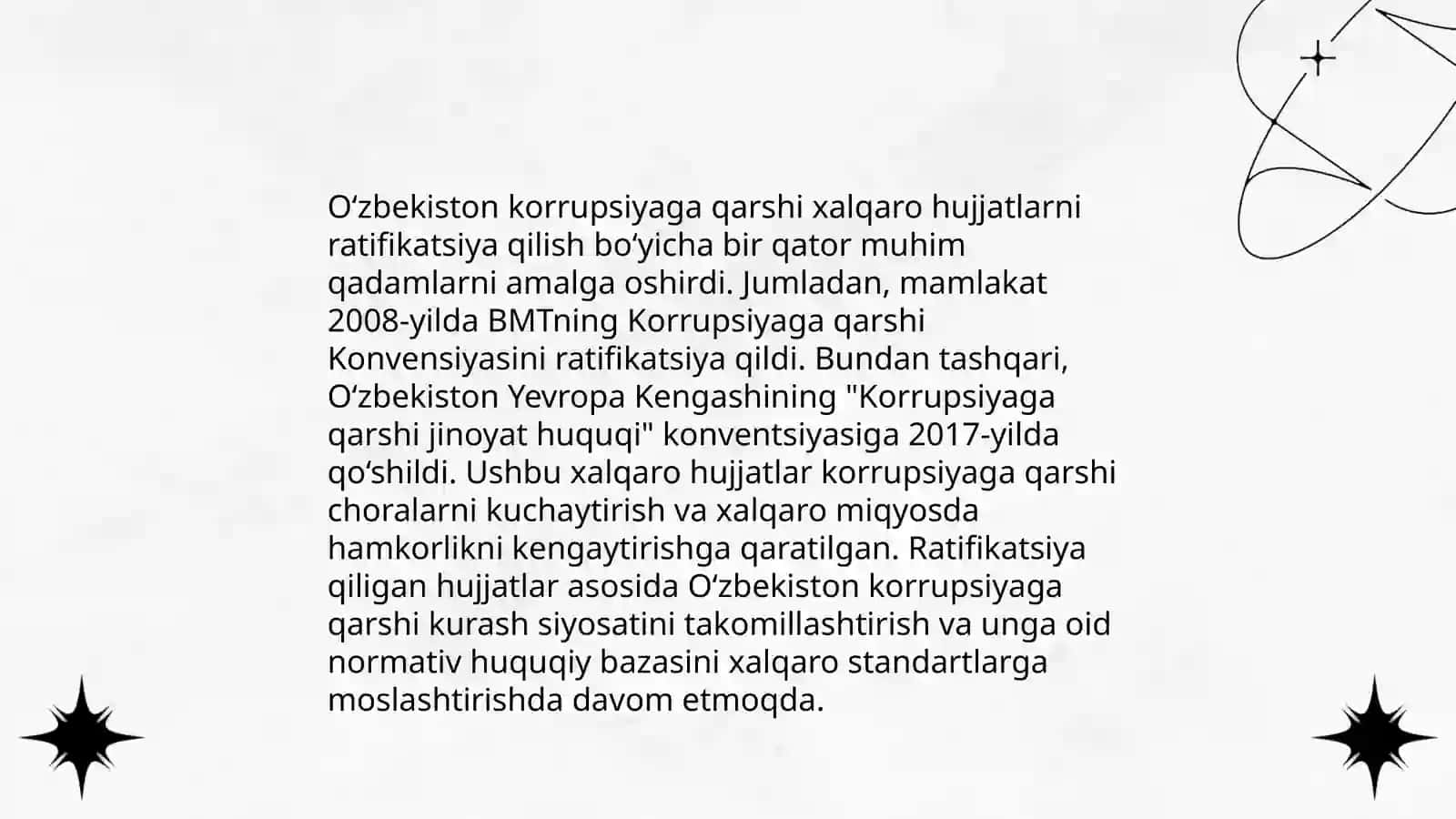 KORRUPSIYAGA QARSHI KURASH BO’YICHA XALQARO QONUNLAR VA QARORLARNING O’ZBEKISTONDA RATIFIKATSIYA QILISHNINH AHAMIYATI 4