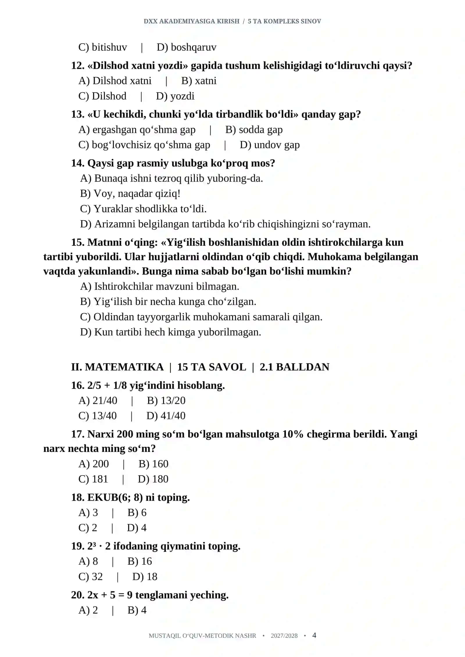 DXX AKADEMIYASIGA KIRISH: 5 TA KOMPLEKS SINOV IMTIHONI DXX AKADEMIYASIGA KIRISH O'ZBEKISTON TARIXI,ONA TILI,MATEMATIKA, INGLIZ TILI kompleks sinov 2027-2028.docx 4