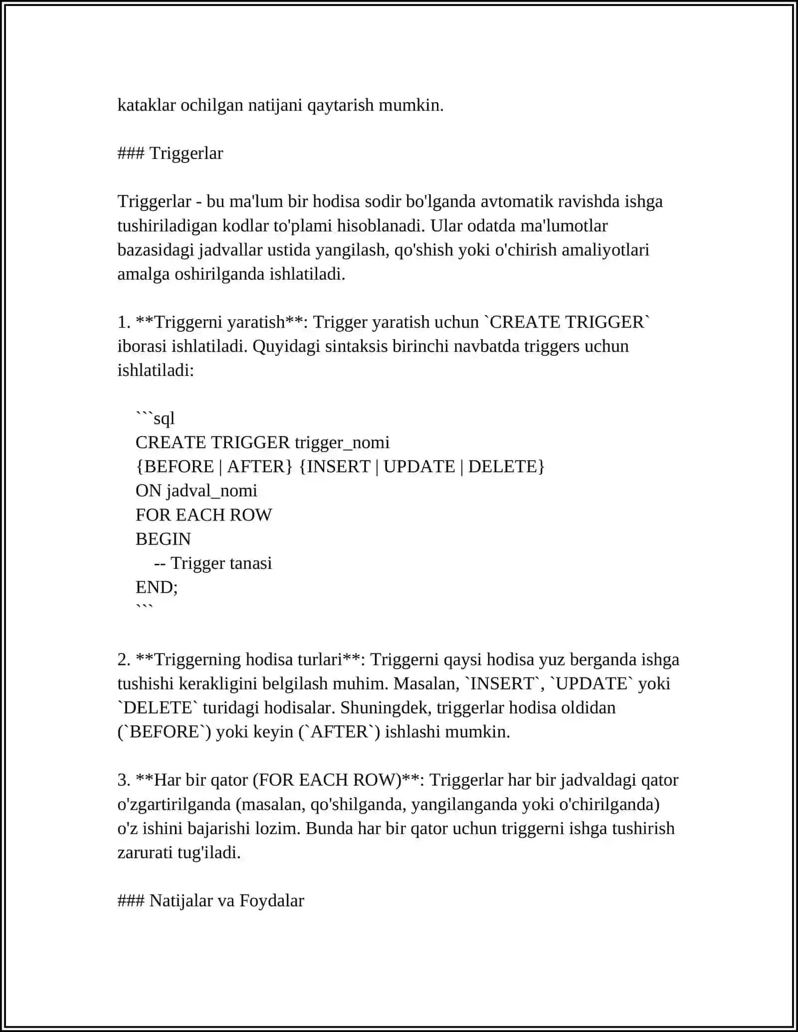 SQL DA FUNKSIYALAR YARATISH. SQL DA TRIGGERLAR YARATISH 4