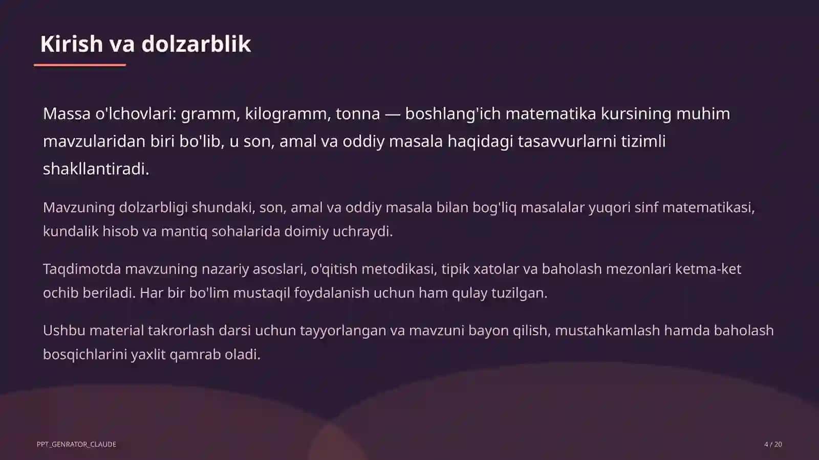 Boshlang'ich sinf: Matematika (1–4) — takrorlash darsi uchun 4