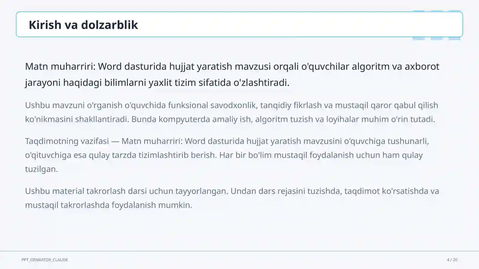 Matn muharriri: Word dasturida hujjat yaratish (6-sinf) 4