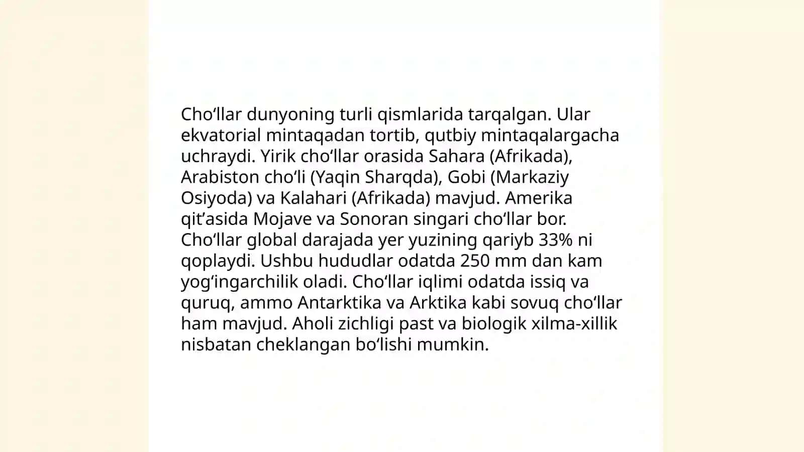 Dunyo choʻllarining umumiy tavsifi, geografik tarqalishi va oʻziga xos xususiyatlari 4