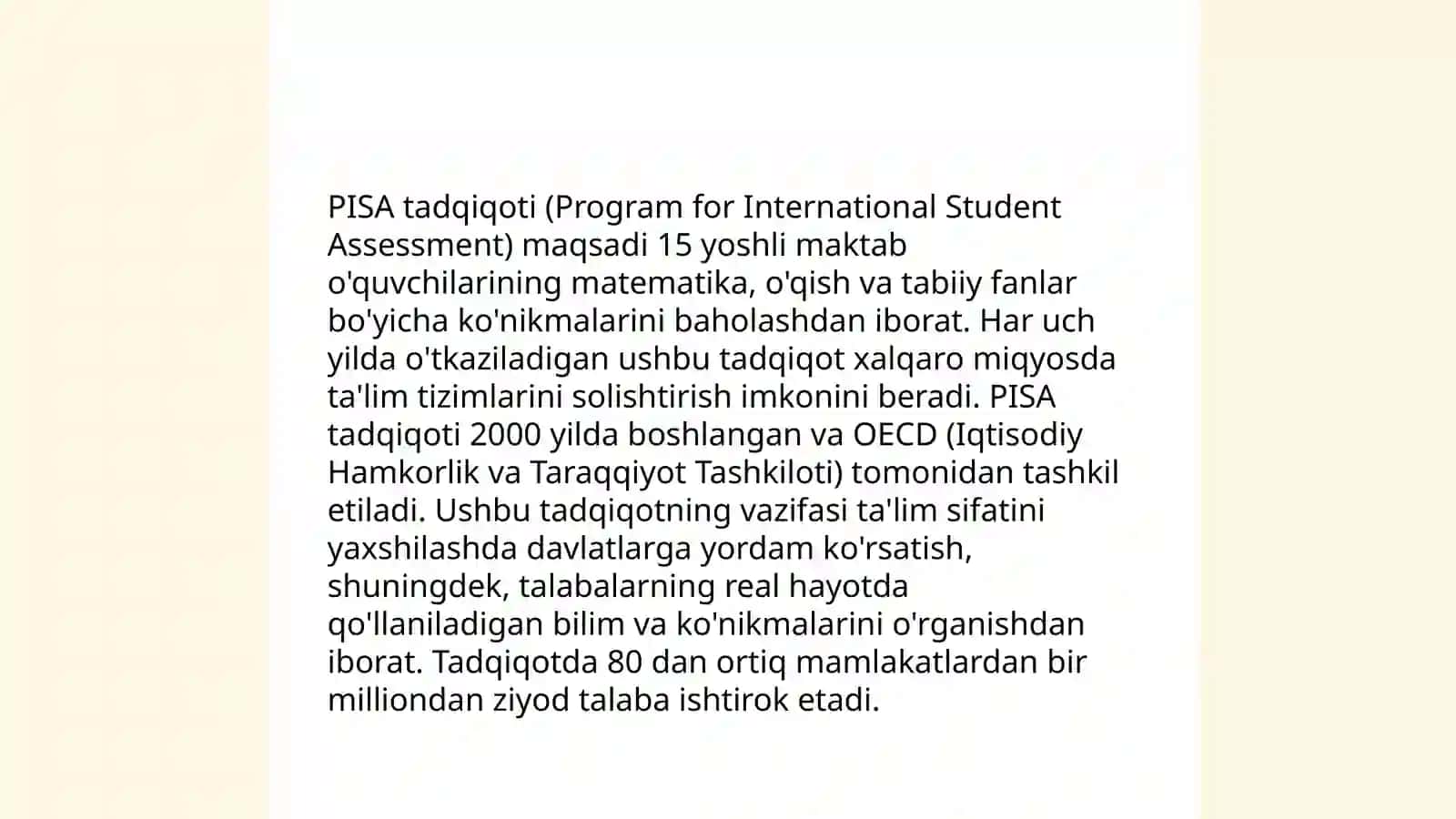 Xalqaro baholash tadqiqotlari PISA,PIRLS,TIMESS,EGMA,EGRA fanining maqsad va fazifalari 4