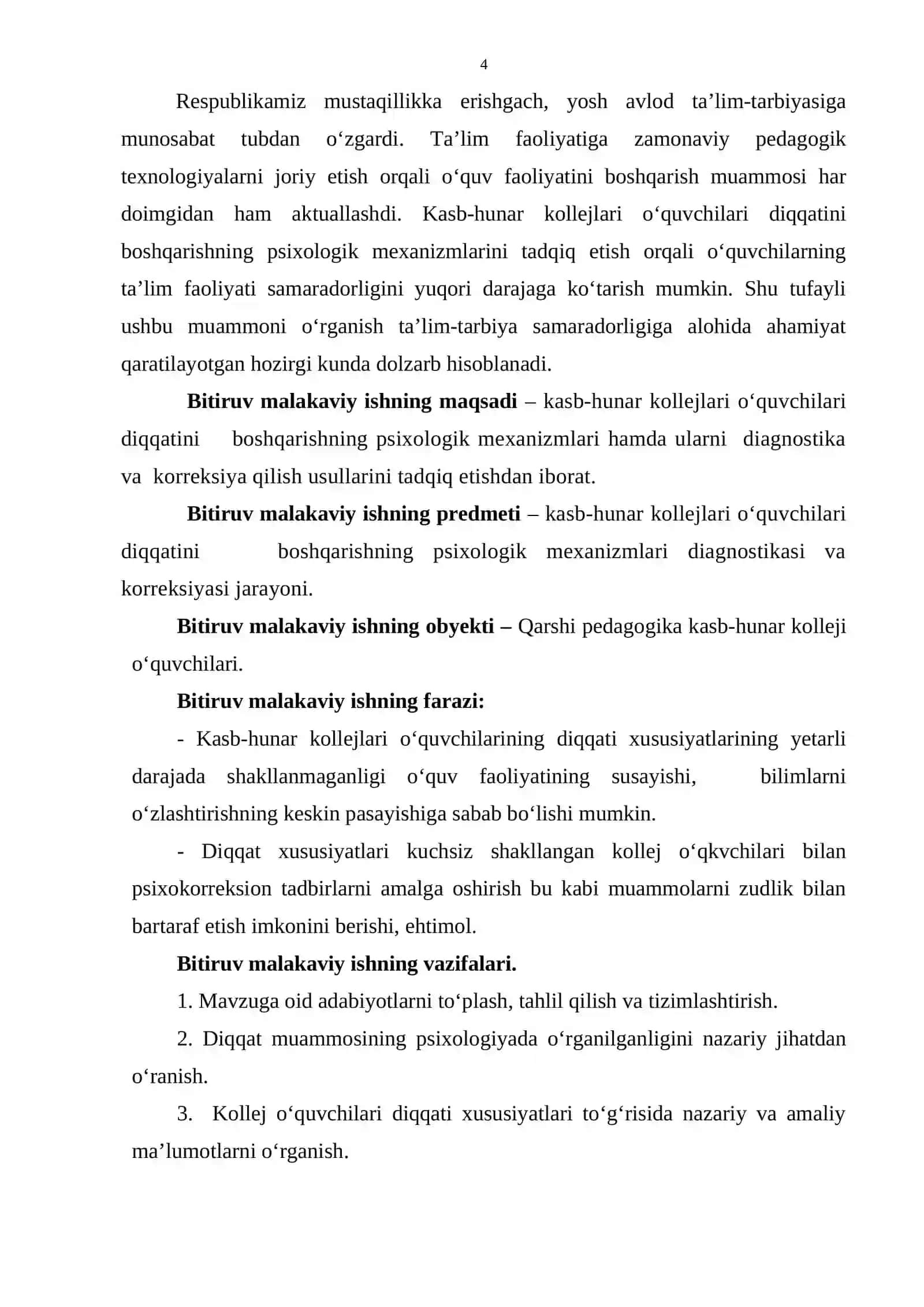 Bakalavr darajasi “Kasb-hunar kollejlari o‘quvchilar shaxsini shakllantirishda diqqatni boshqarishning psixologik mexanizmlari” 4