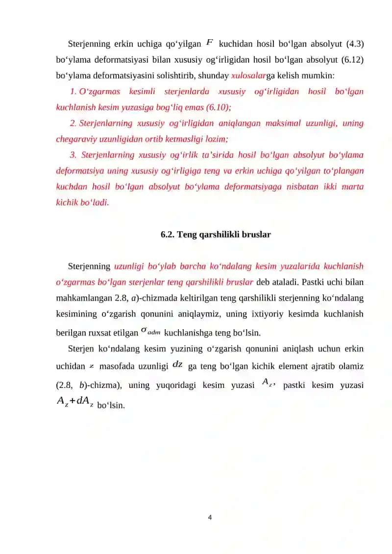 VI-Mavzu. Cho‘zilish va siqilish deformatsiyalarida xususiy og‘irlikni hisobga olish 4