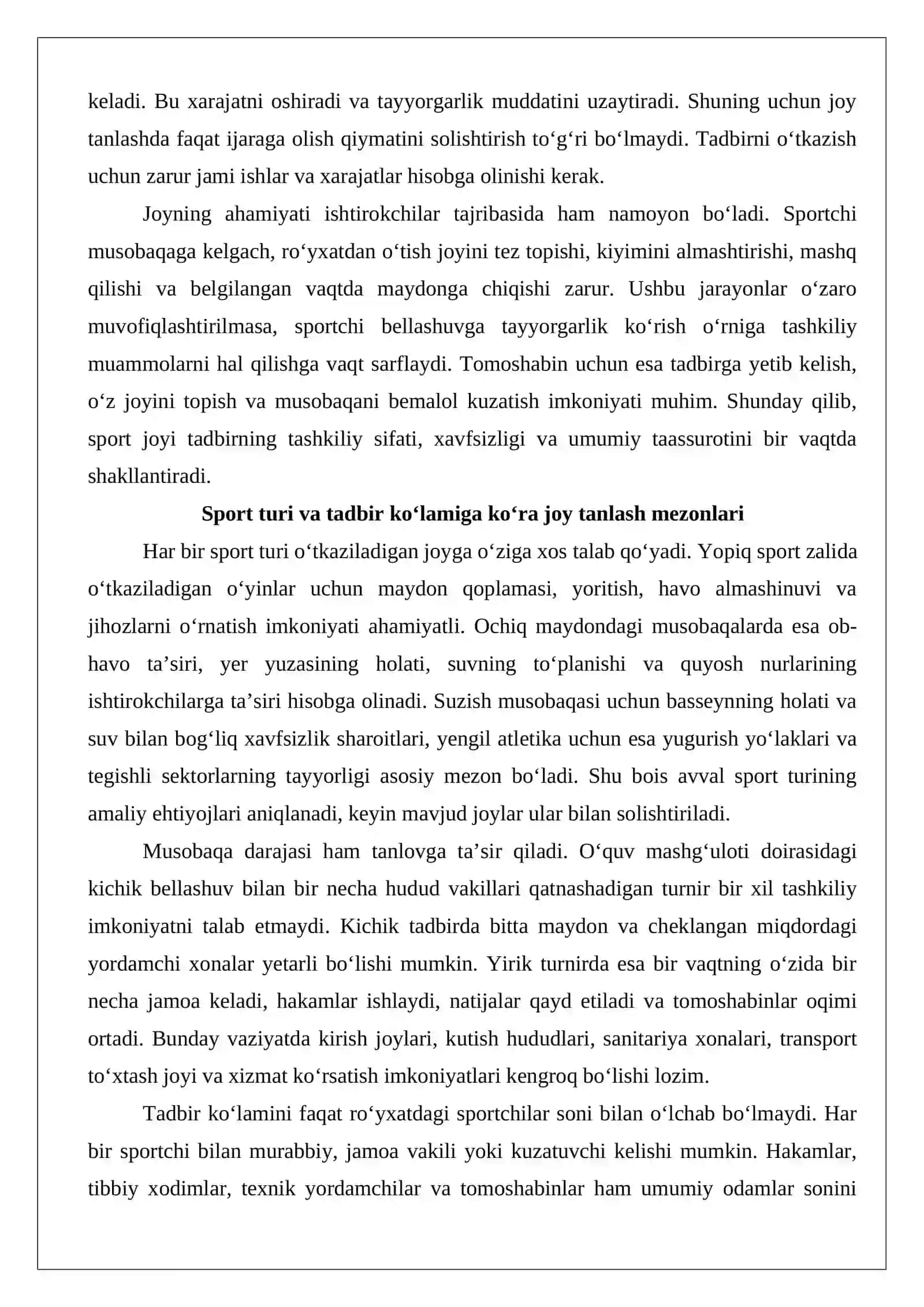 Sport tadbirlarini o‘tkazish joyi va sport inshootlarini tanlash 4