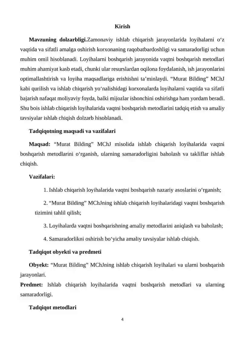 Ishlab chiqarish loyihalarida vaqtni boshqarish metodlari "Murat bilding" (MChJ misolida) 4