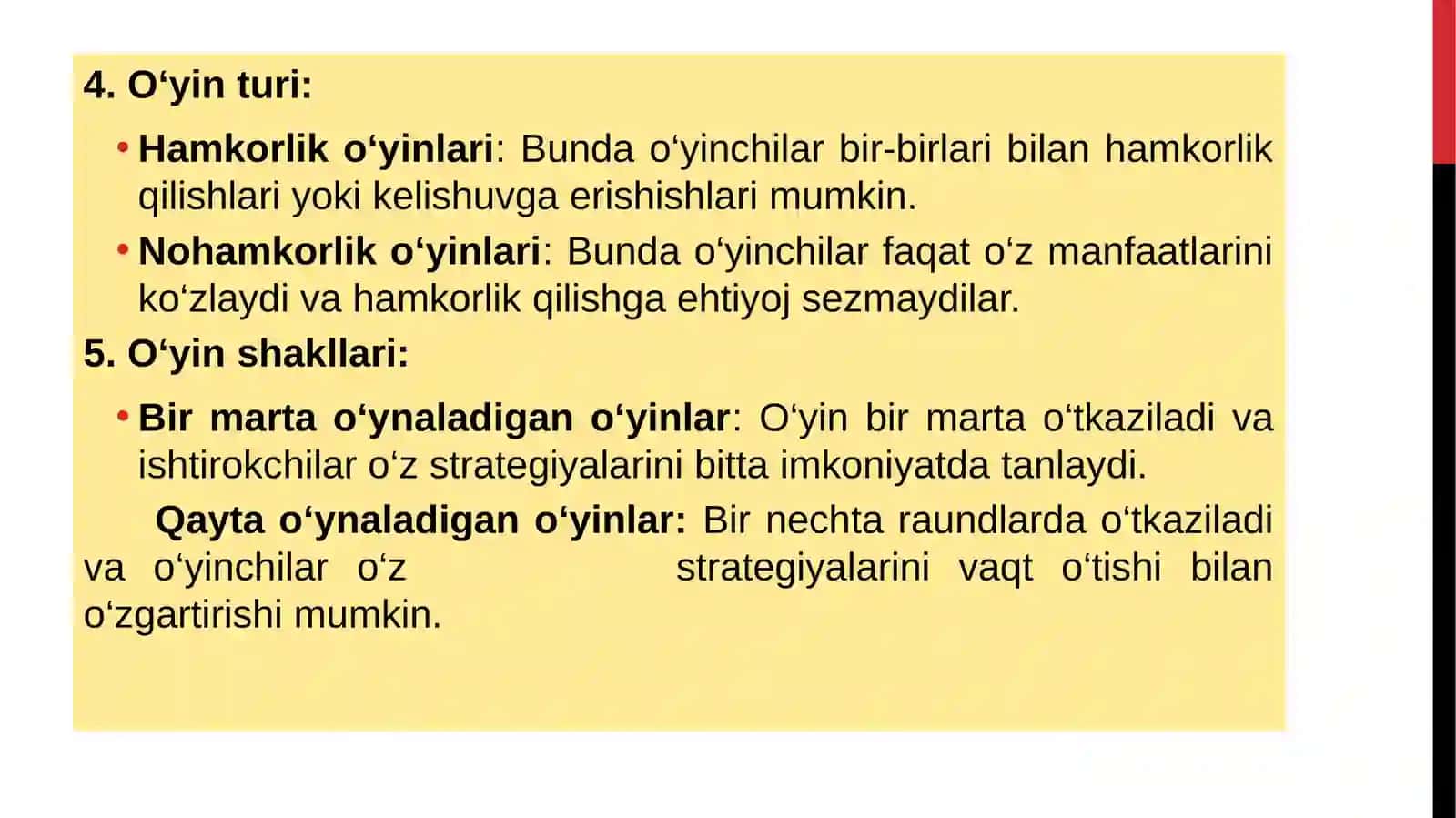 O'yinlar nazariyasi va o'zaro hamkorlikni modellashtirish 4