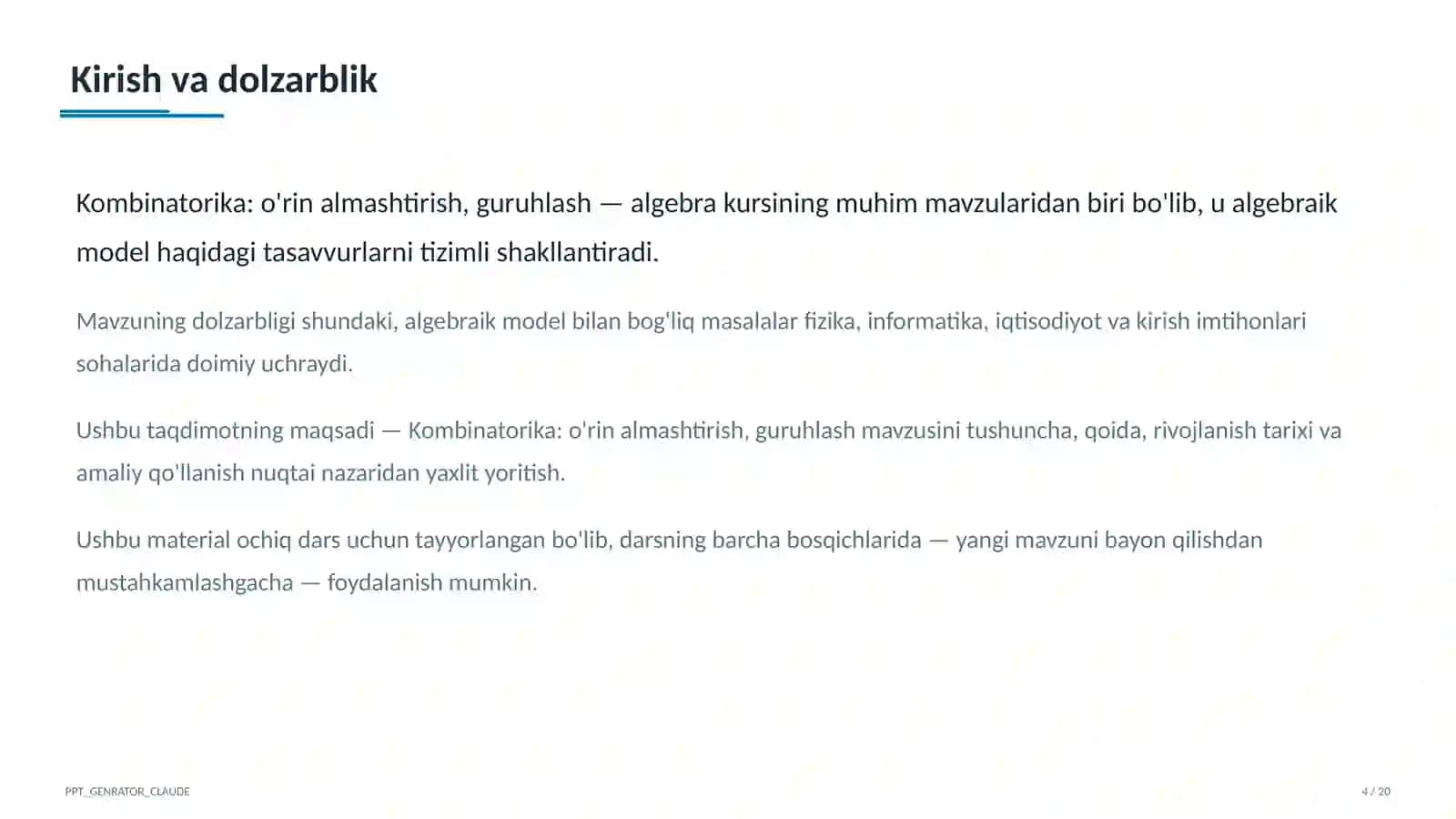 Kombinatorika: o'rin almashtirish, guruhlash (9-sinf) 4