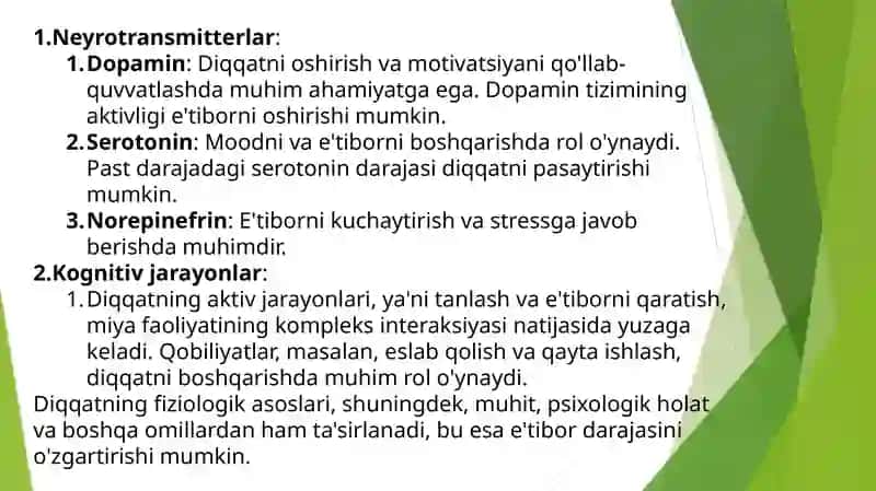 DIQQAT HAQIDA TUSHUNCHA. DIQQATNING FIZIOLOGIK ASOSLARI .DIQQATNING ASOSIY XUSUSIYATLARI. DIQQATSIZLIK VA UNING PSIXOKORREKSIYASI. DIQQAT YETISHMOVCHILIGI SINDROMLARI GIPERAKTIV BOLALARNING MAKTABGA TAYYORGARLIGINING FIZIOLOGIK ASOSLARI. 4