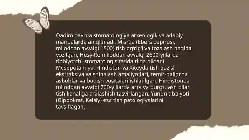 Stomatologiya kirish.Stomatologik rivojlanishning tarixiy bosqichlari.Mahalliy stomatologiya va asosiy maktablarning rivojlanish bosqichlari 4