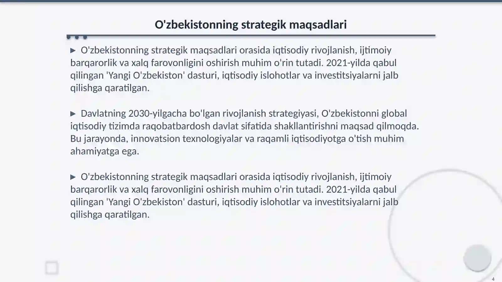 Mustaqil O'zbekistonning tashkil topishining ahamiyati, O'zbekistonning o'ziga xos istiqbol va taraqqiyot yo'li 4