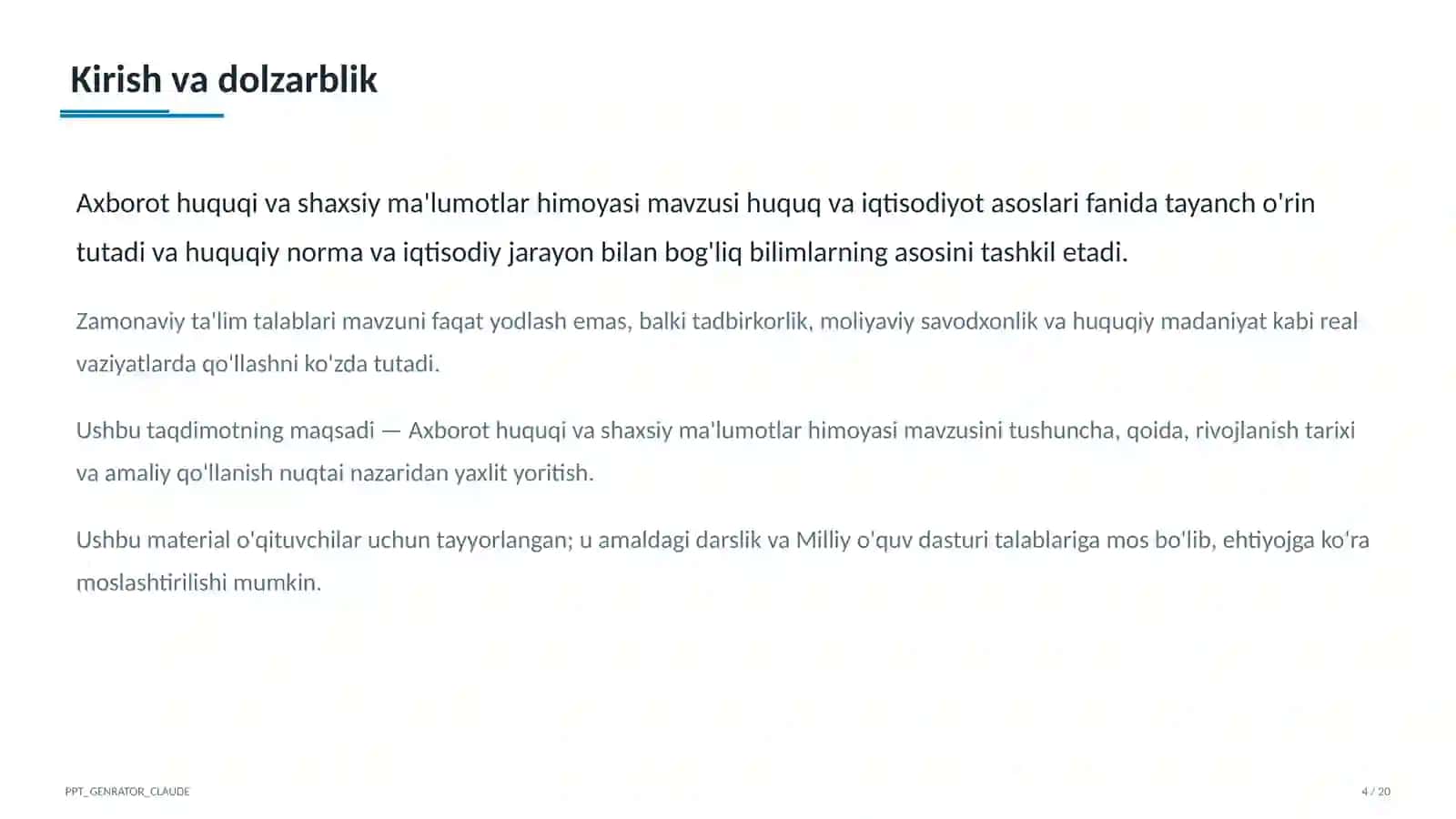 Huquq va iqtisodiyot asoslari (9–11) - o'qituvchilar uchun 4