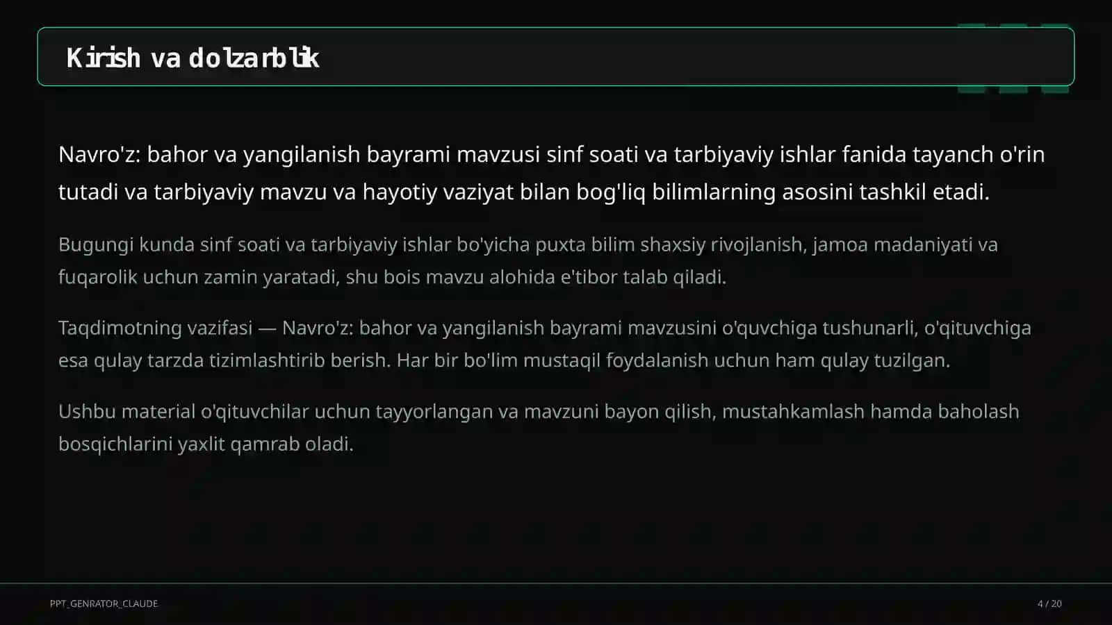 Sinf soati va tarbiyaviy tadbirlar (1–11) — o'qituvchilar uchun 4