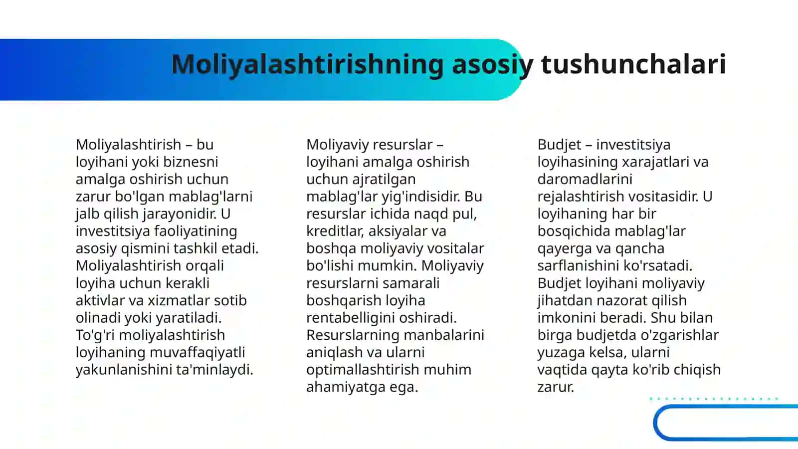 INVESTITSIYA LOYIHALARNI MOLIYALASHTIRISH 4