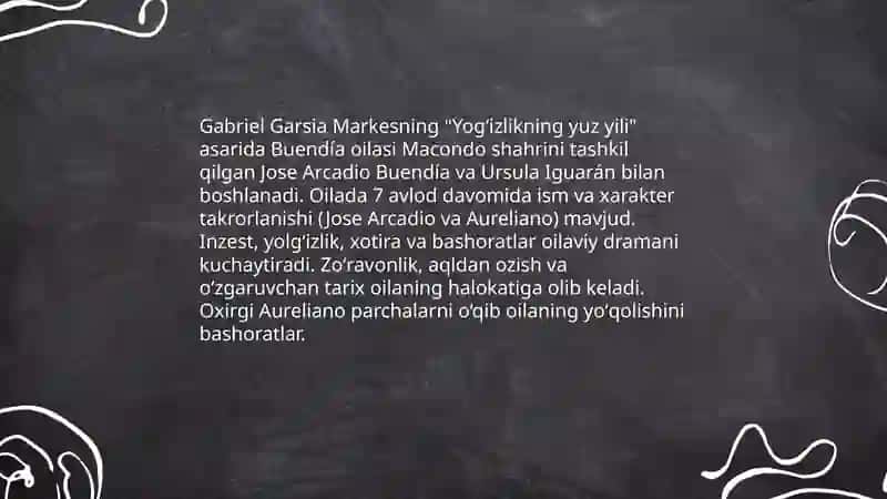 "Yogʻizlikning yuz yili" asari tahlili 4
