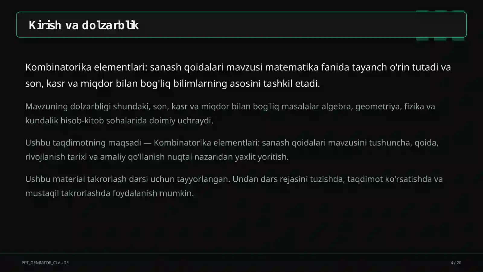Kombinatorika elementlari: sanash qoidalari (6-sinf) 4