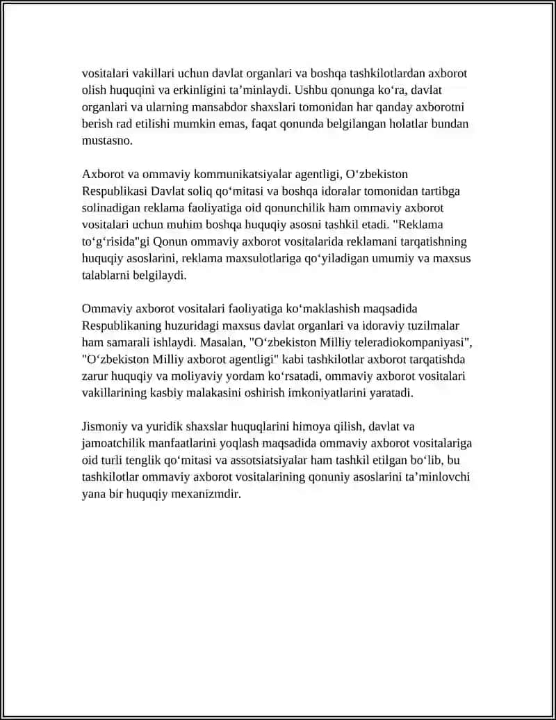 O‘zbekiston Respublikasi Ommaviy Axorot Vositalarining Faoliyati Referat 4