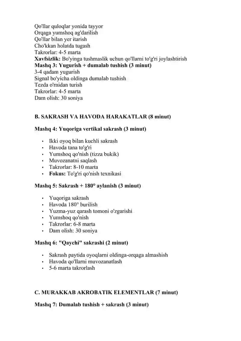 Akrobatik mashqlarni bajarishga o‘rgatish va individual texnik harakatlarni takomillashtirish. 4