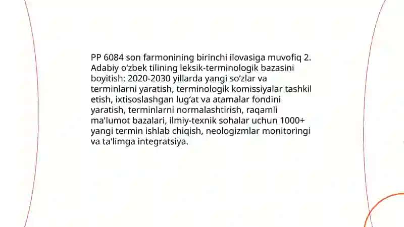 Oʻzbek Tilini Yanada Rivojlantirish va Til Siyosatini Takomillashtirish Konsepsiyasi PP 6084 son Farmoniga Birinchi Ilova 4