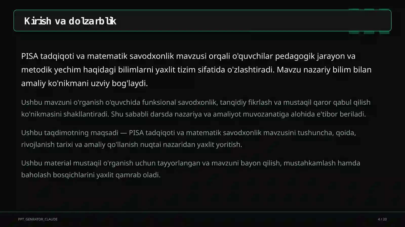 PISA tadqiqoti va matematik savodxonlik 4