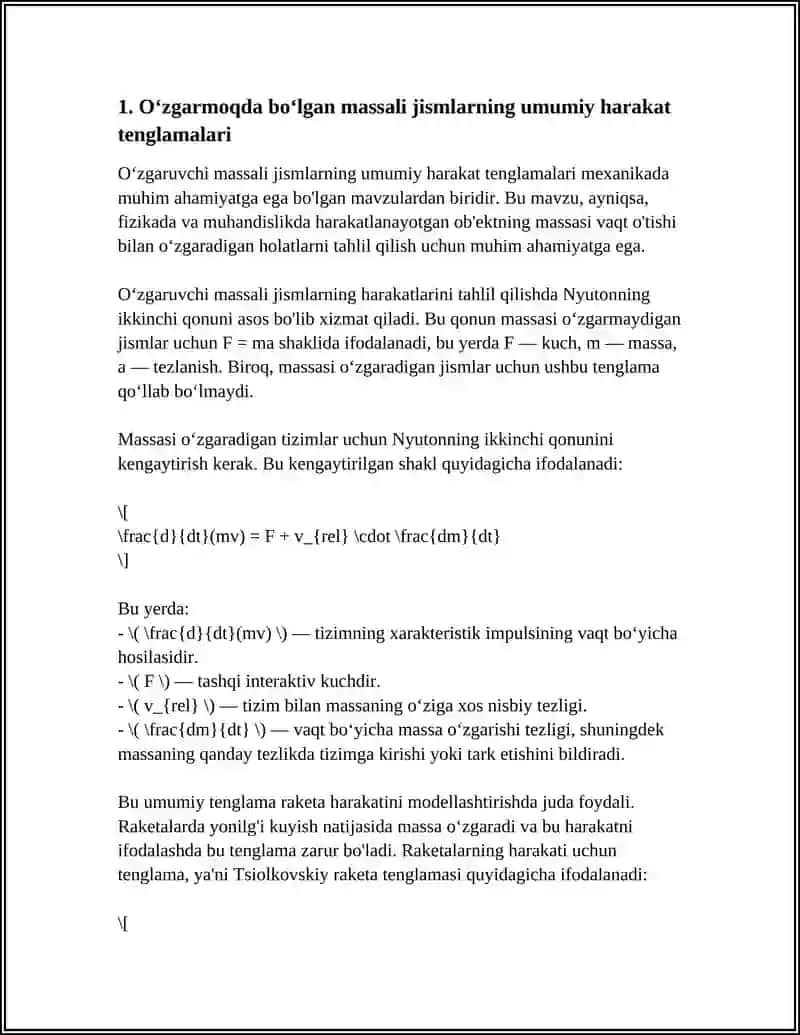 OʻZGARUVCHAN MASSALI JISMLARNING HARAKATI.QATTIQ JISMLARDA DIFFUZIYA HODISASI 4