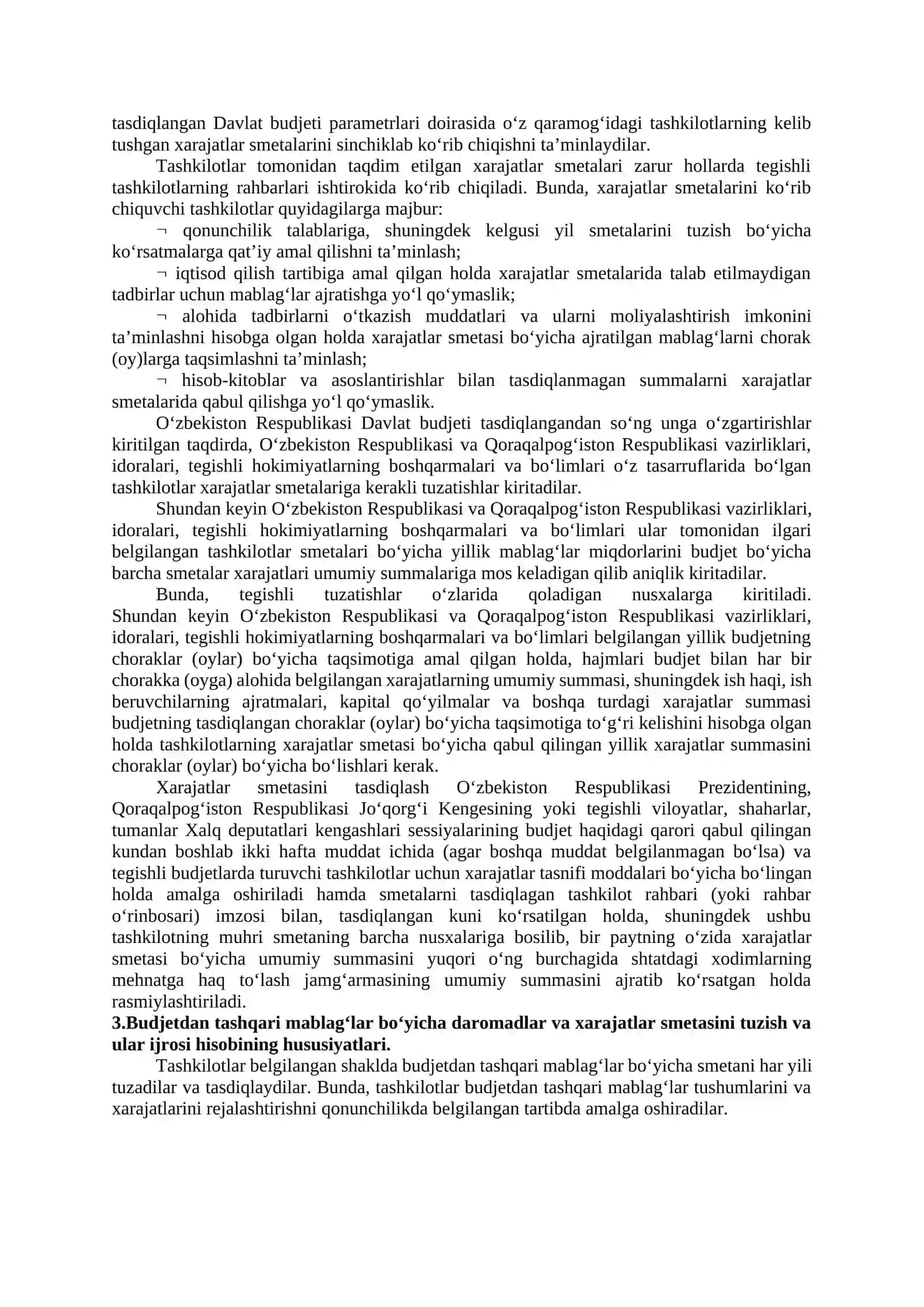 Budjet TASHKILOTLARIDA Byudjet VA ByudjetDAN TASHQARI MABLAG‘LAR BO‘YICHA DAROMADLAR VA XARAJATLAR SMETALARI HAMDA SHTATLAR JADVALINI TUZISH, TASDIQLASH VA TAQDIM ETISH TARTIBI 4