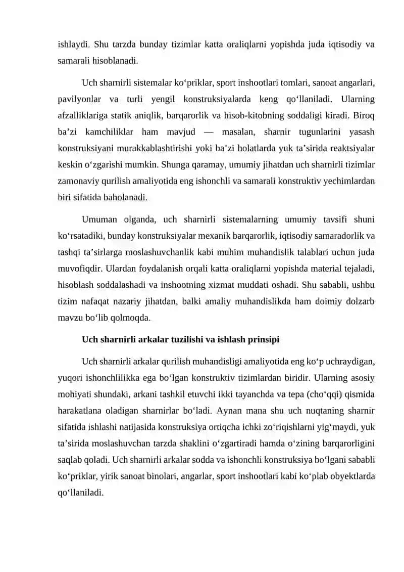 Uch sharnirli sistemalar va uch sharnirli arkalar mavzusi boʻyicha umumiy ma’lumotlar 4
