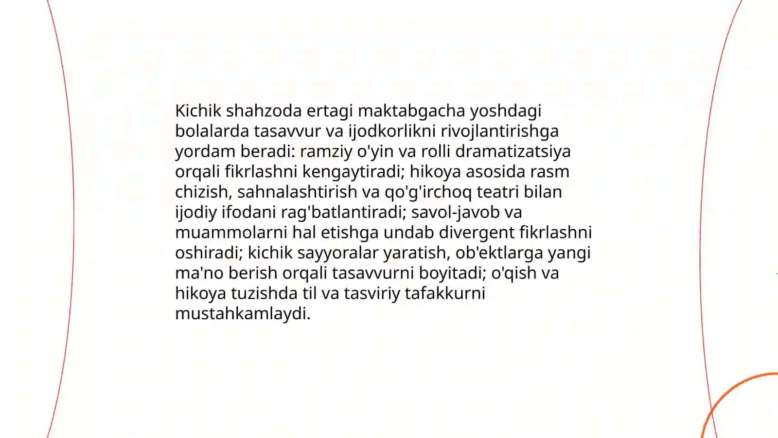 Hans Kristian Andersen Kichik shahzoda ertagi maktabgacha ta'lim tarbiyalanuvchilari uchun ta'limiy hamda axloqiy axamiyati haqida 4
