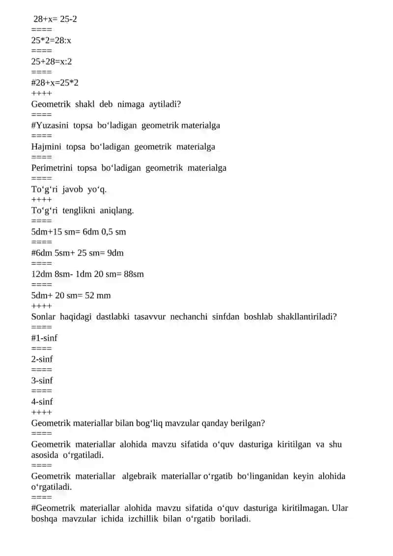 Matematika va uni o‘qitish metodikasi fanidan o‘quv dasturi bo‘yicha test savollari 4
