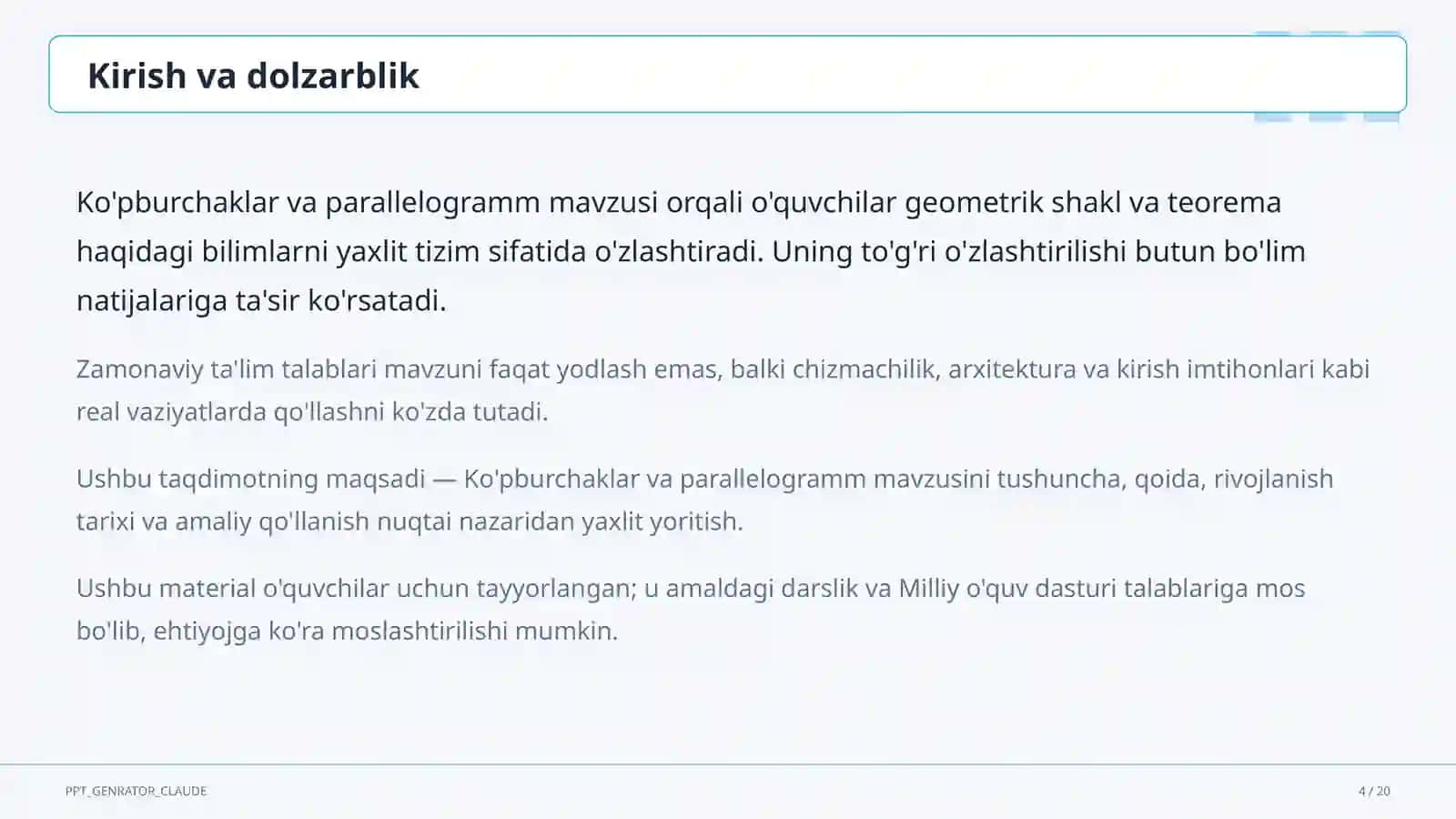 Ko'pburchaklar va parallelogramm (8-sinf) 4