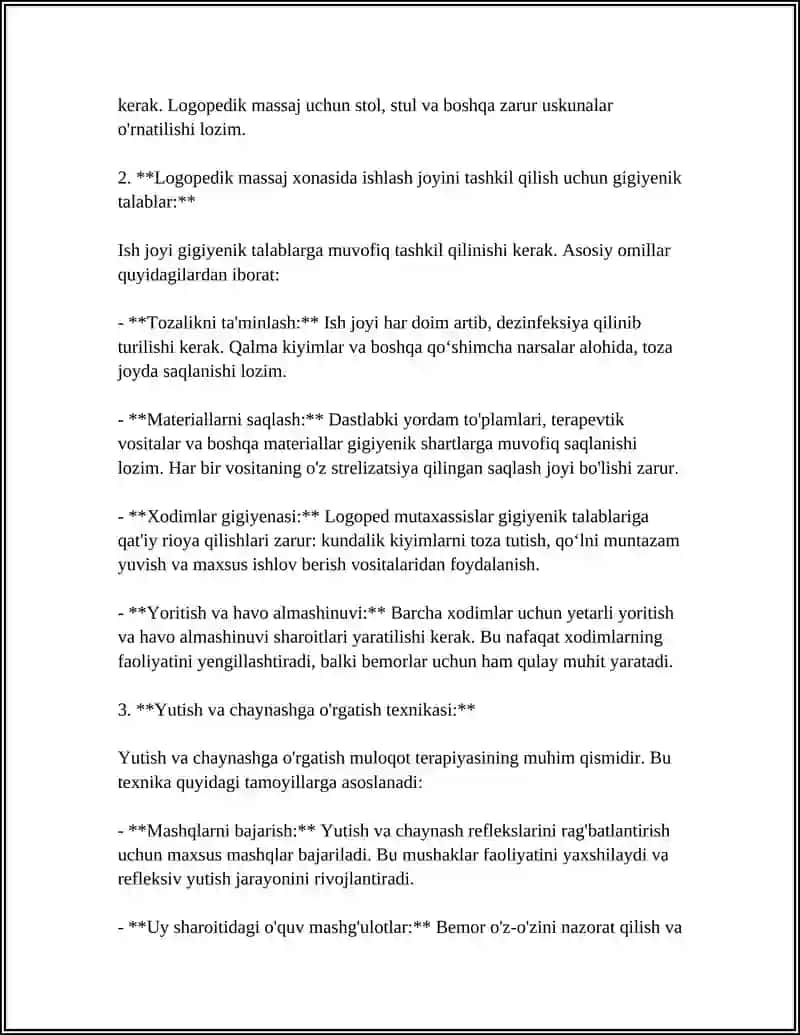 LOGOPEDIK MASSAJNI O'TKAZISHDA ISH JOYINI TASHKIL QILISH UCHUN GIGIYENIK TALABLAR. YUTISH VA CHAYNASHGA O'RGATISH TEXNIKASI 4