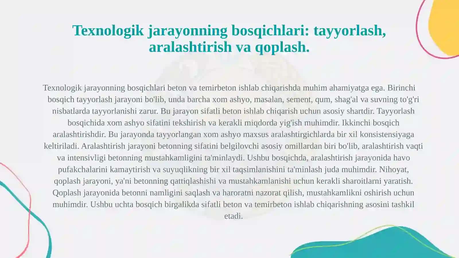 Texnologik jarayonni tashkil etish. 4