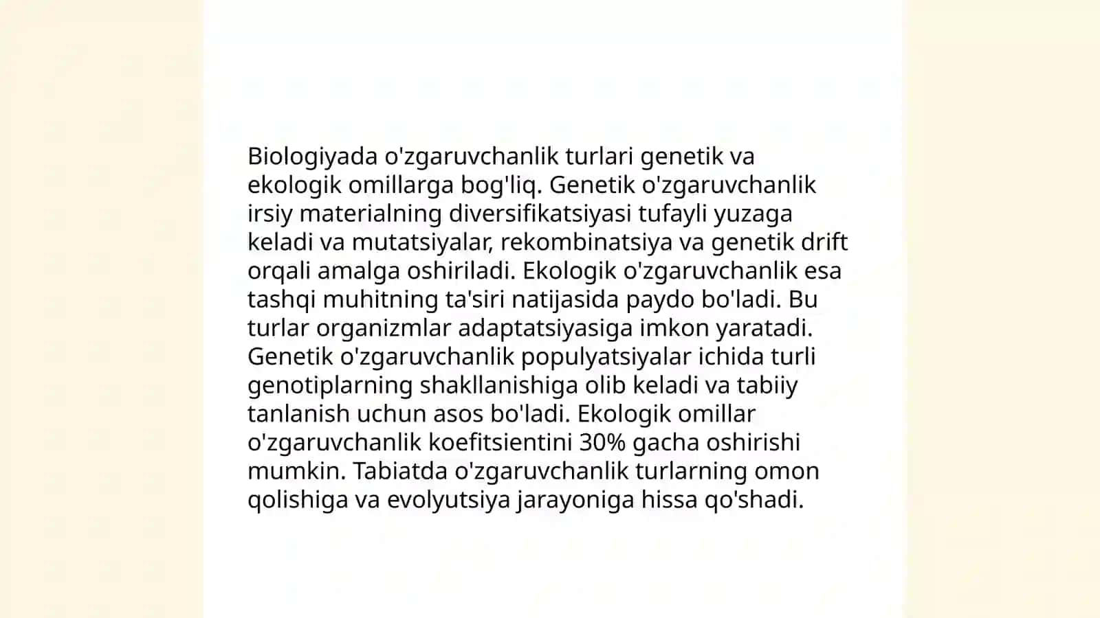 O'zgaruvchanlik va uning shakllari muammoli topshiriqlar viktorina savollar tayyorlash va taqdimotini o'tkazish 4