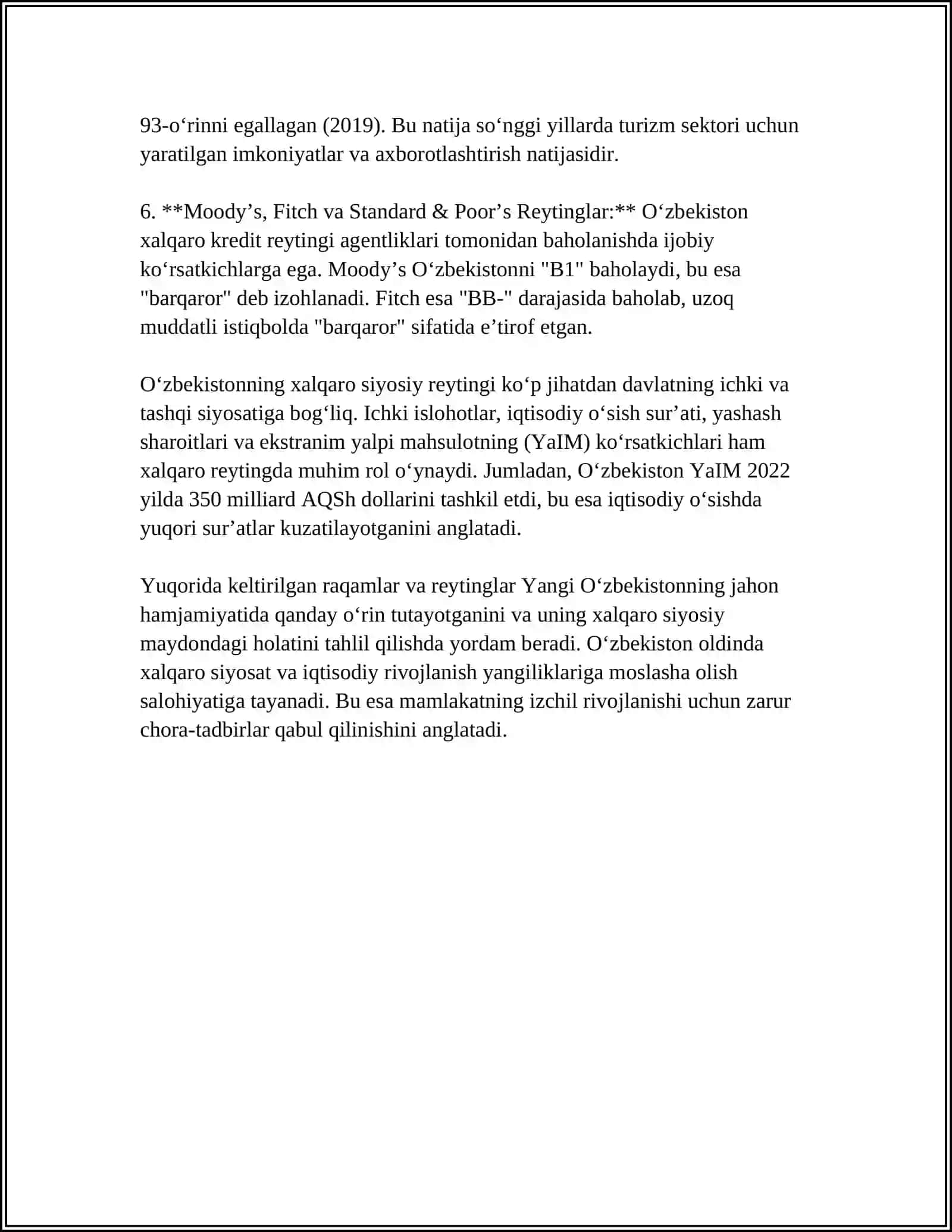 YANGI O'ZBEKISTON IJTIMOIY SIYOSIY IQTISODIY MADANIY HAYOTIDA RO'Y BERAYOTGAN O'ZGARISHLARINI XALQARO REYTING BILAN HAMKORLIK ALOQALARI 4