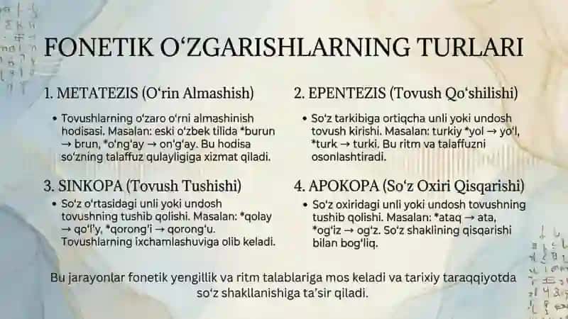 Tilning fonetik-fonologik sathi. Fonetik o‘zgarishlar 4