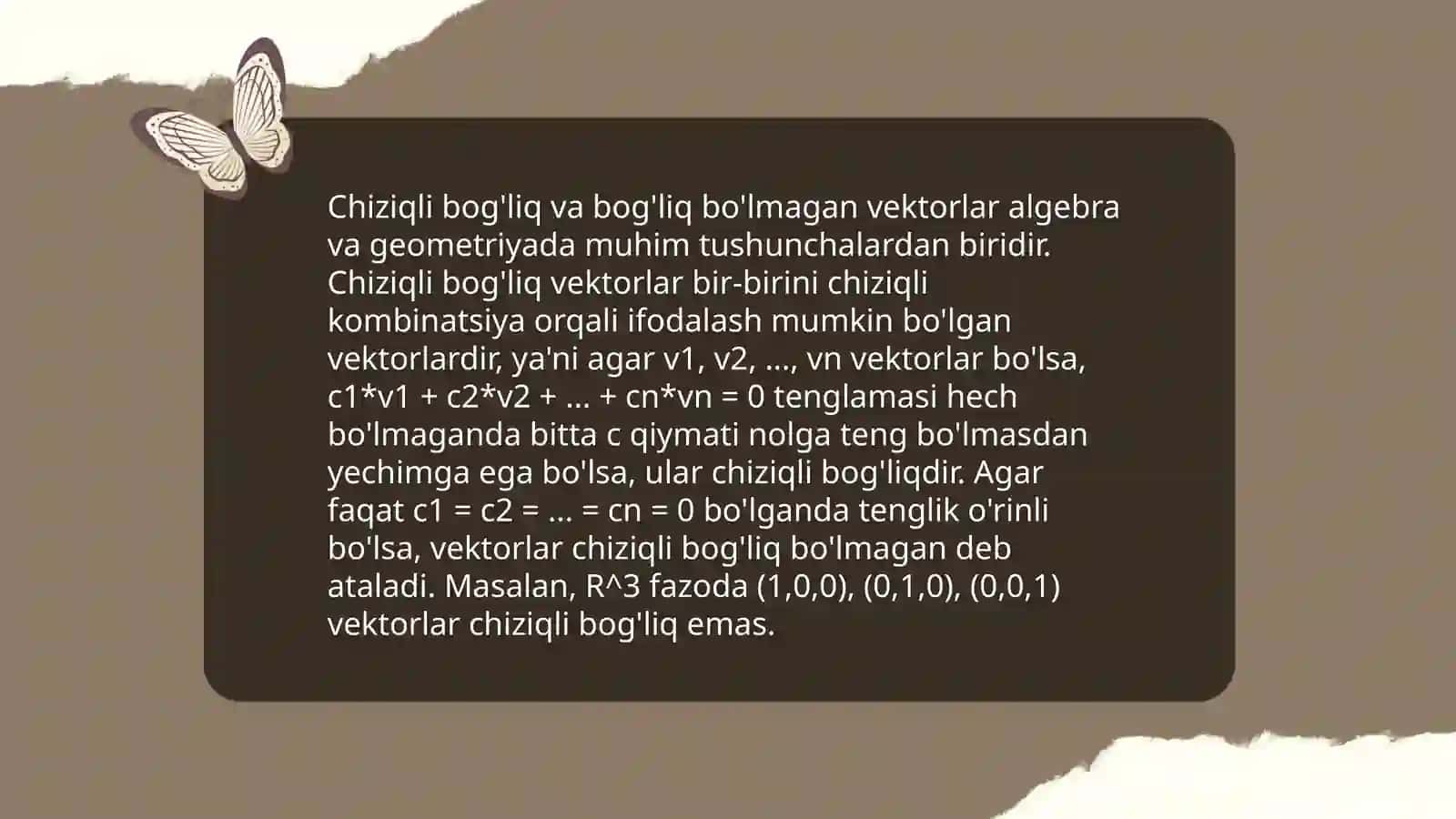 Vektorlarning chiziqli bog'liqligi Affin koordinatalari haqida tushuncha 4