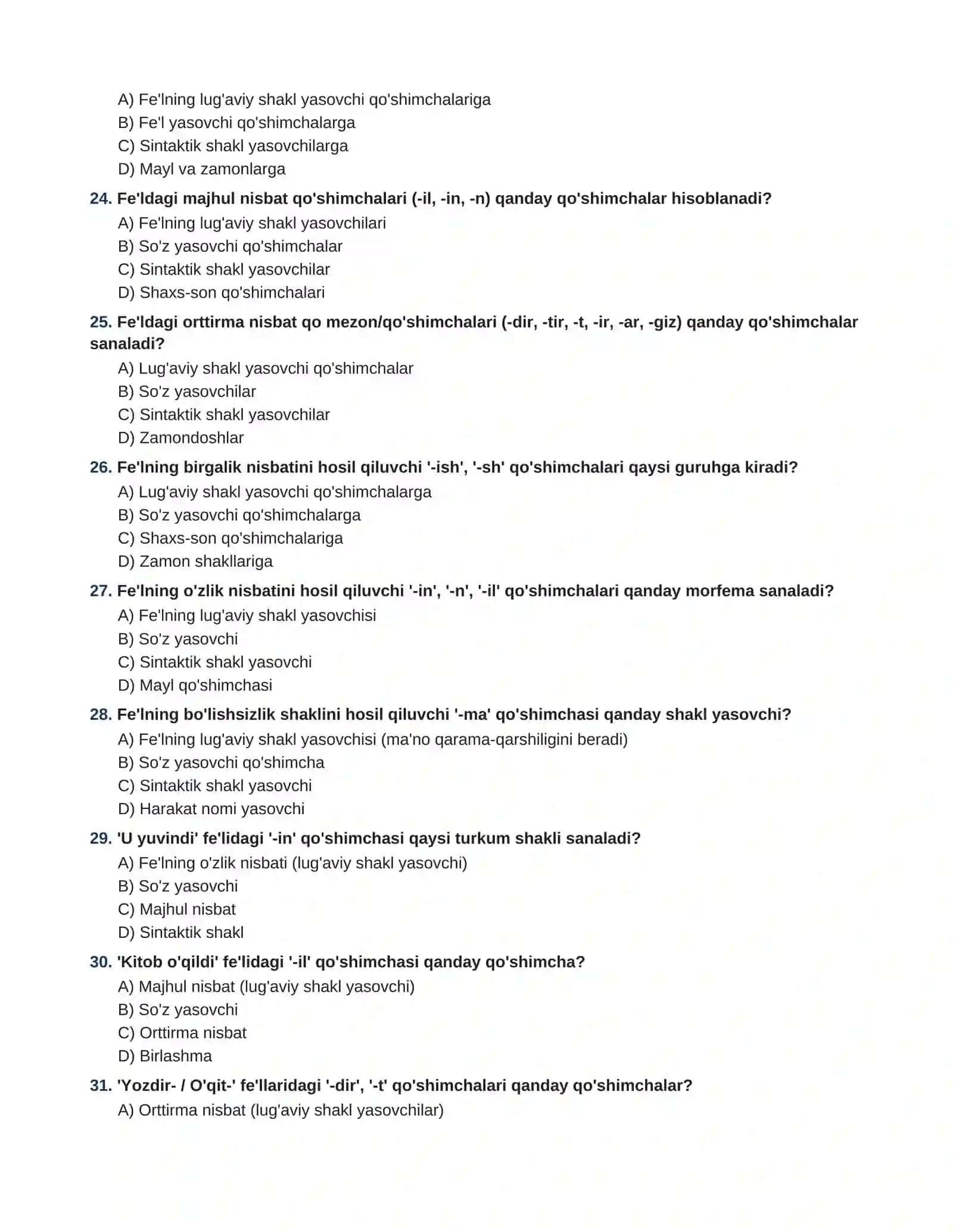 Lugaviy shakl yasovchi qoshimchalar 100 ta test javoblari bilan 4
