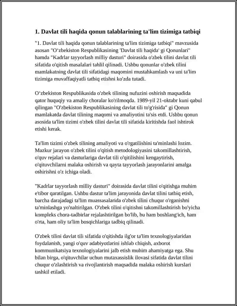 OʻZBEKISTON RESPUBLIKASI NING"DAVLAT TILI HAQIDA" GI QONUNLARI HAMDA "KADRLAR TAYYORLASH MILLIY DASTURI" KABI DAVLAT HUJJATLARIDA OʻZBEK TILINI DAVLAT TILI SIFATIDA OʻQITISH MASALALARI BOʻYICHA MA'LUMOT TOʻPLASH 4