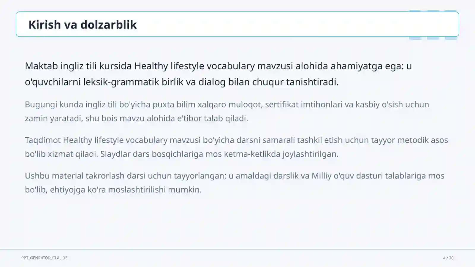 Healthy lifestyle vocabulary (7-sinf) 4