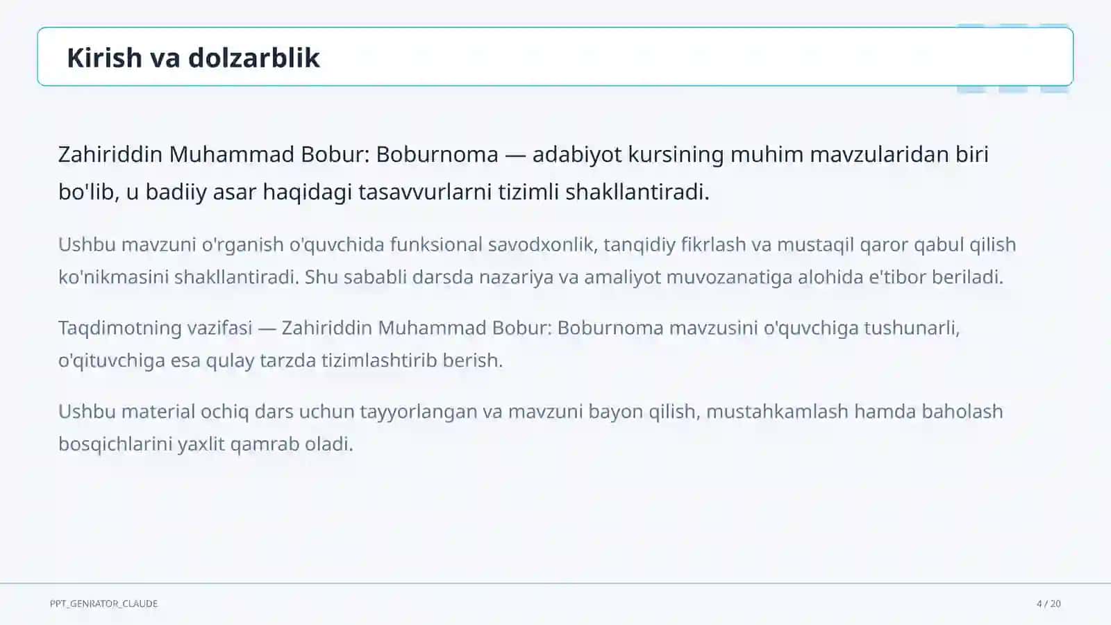 Zahiriddin Muhammad Bobur: Boburnoma (8-sinf) 4