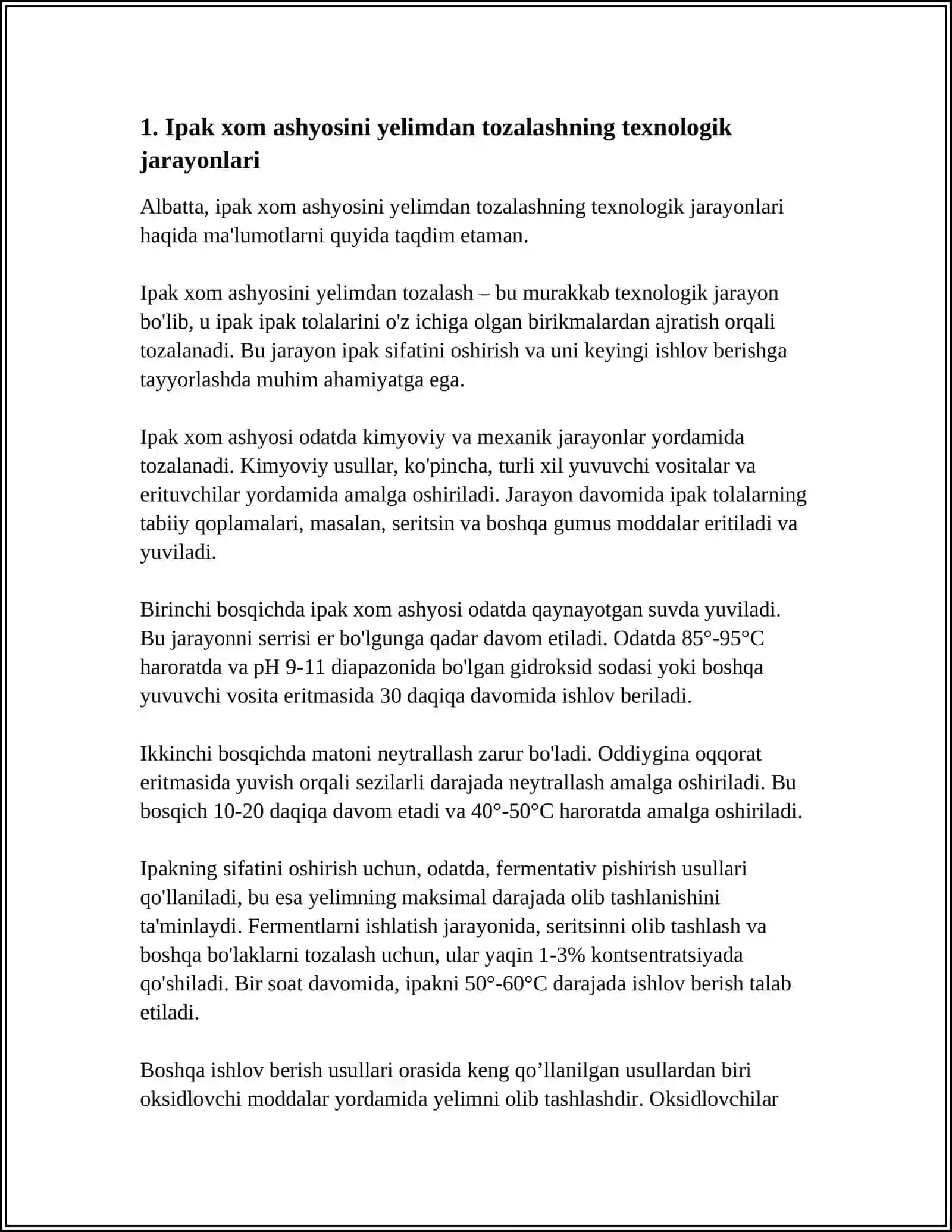IPAK YIGIRISHDA ISHLATILADIGAN XOM ASHYONI YELIMSIZLANTIRISHGA TAYYORLASHDAGI TEXNALOGIYA VA YŌNALISHLAR 4