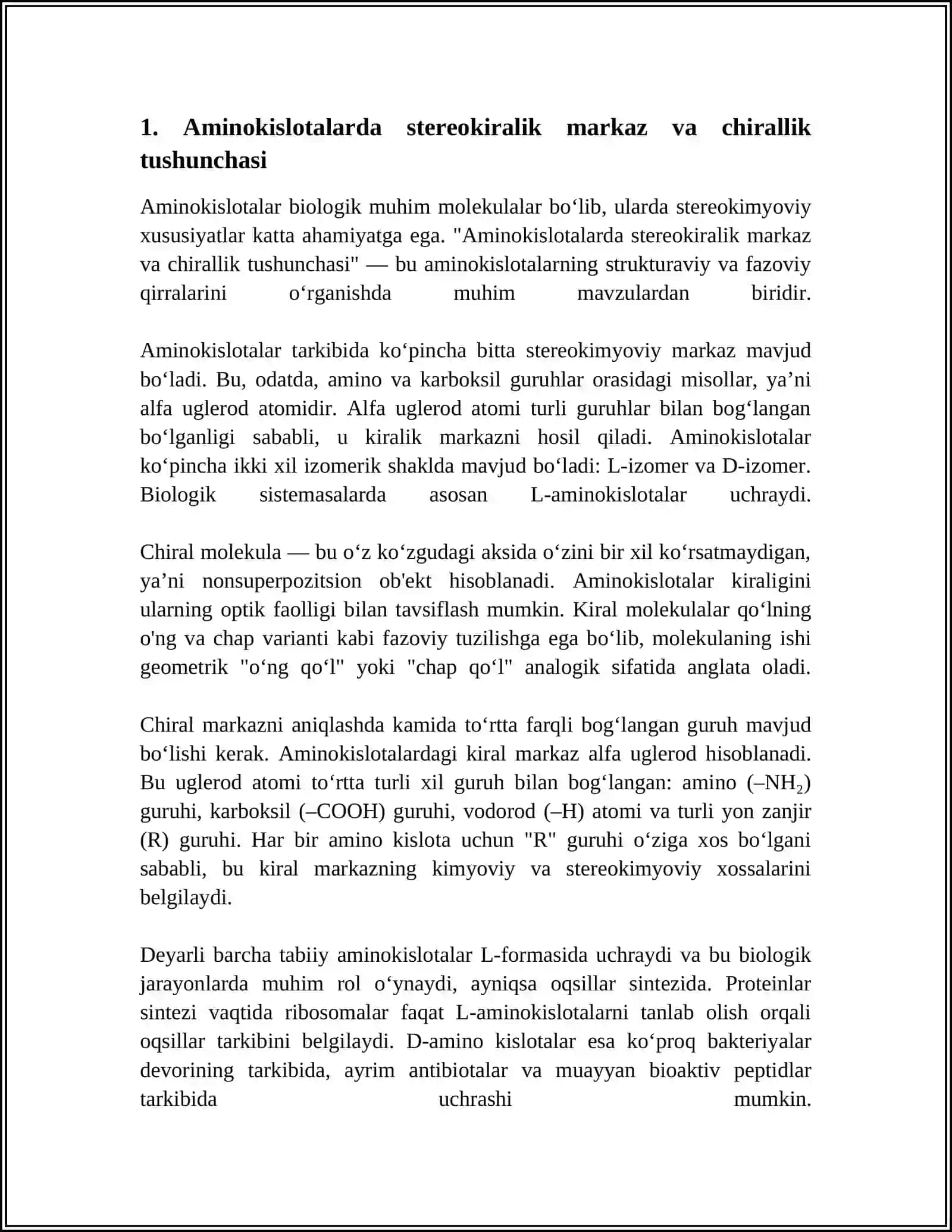 AMINOKISLATALARNING STEROIZOMERIYASI, OLINISH USULU. KISLOTA AMIDLARI VA UREIDLAR 4