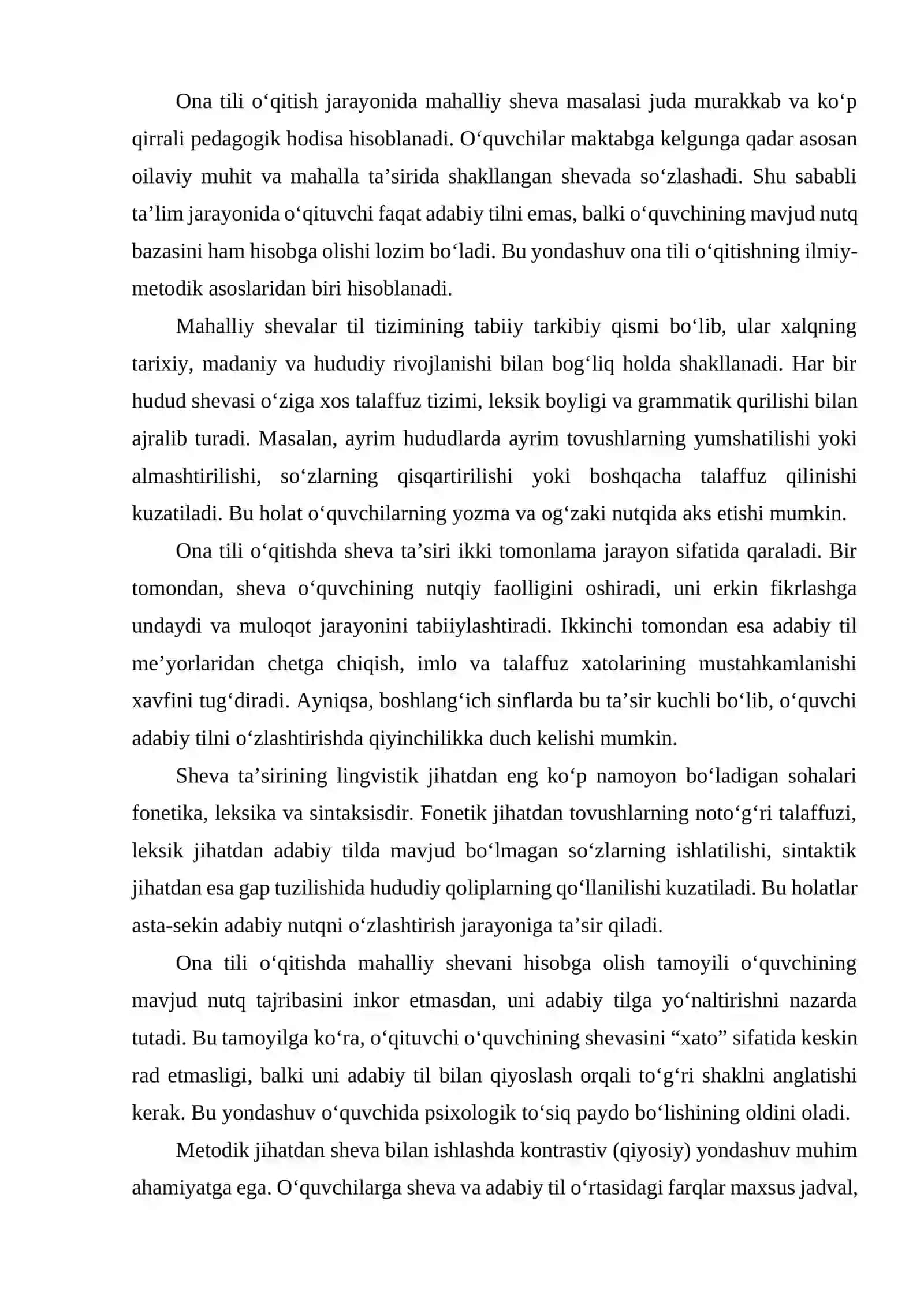 ONA TILI OʻQITISHDA MAHALLIY SHEVA SHAROITI VA TAʼSIRINI HISOBGA OLISH TAMOYILI. 4