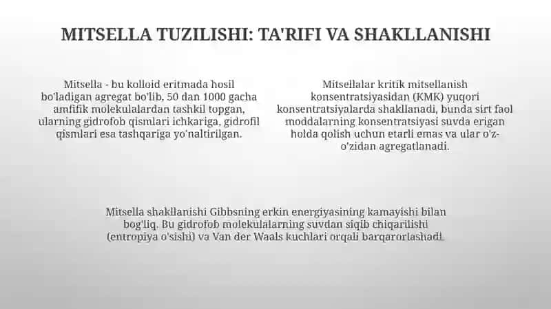 Kolloid eritmalarning tibbiyotdagi ahamiyati. Mitsella tuzilishi 4
