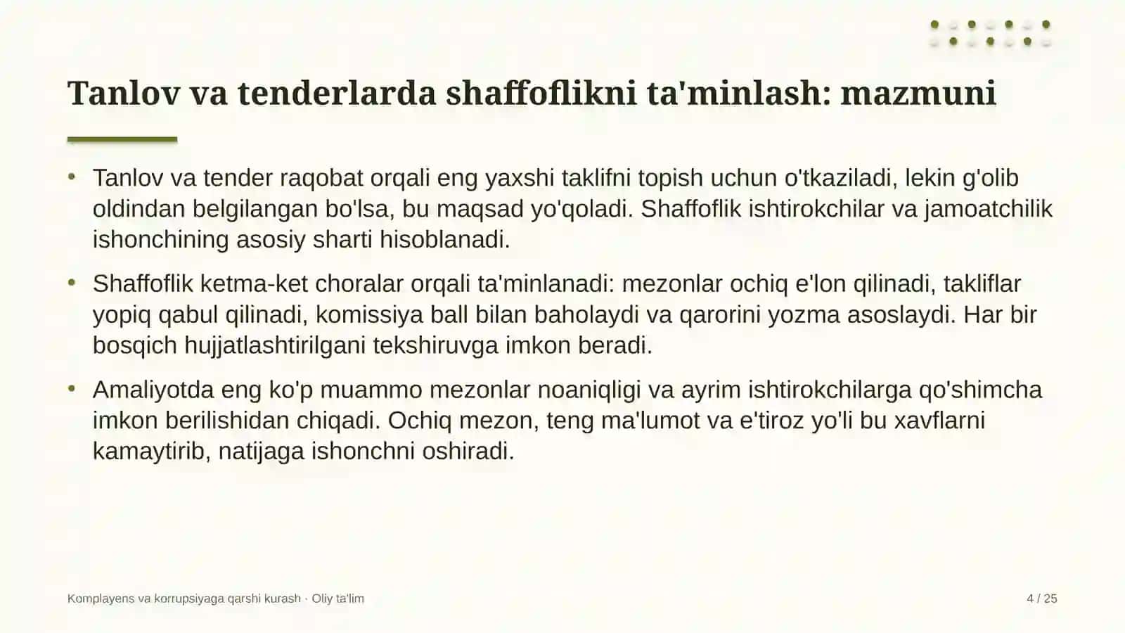 Komplayens va korrupsiyaga qarshi kurash · Oliy ta'lim 4